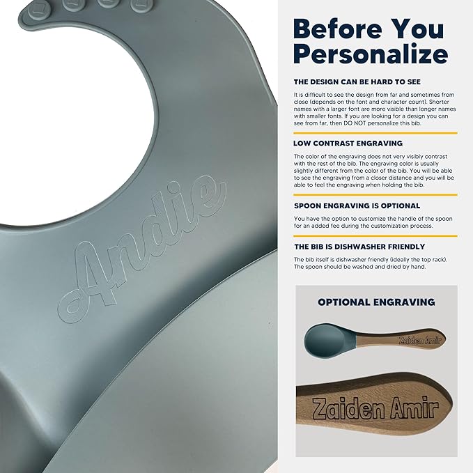 Personalized Silicone Bib and Spoon Set with Custom Name, Babies/Toddlers Durable Adjustable with Pocket for Baby Boy & Girl