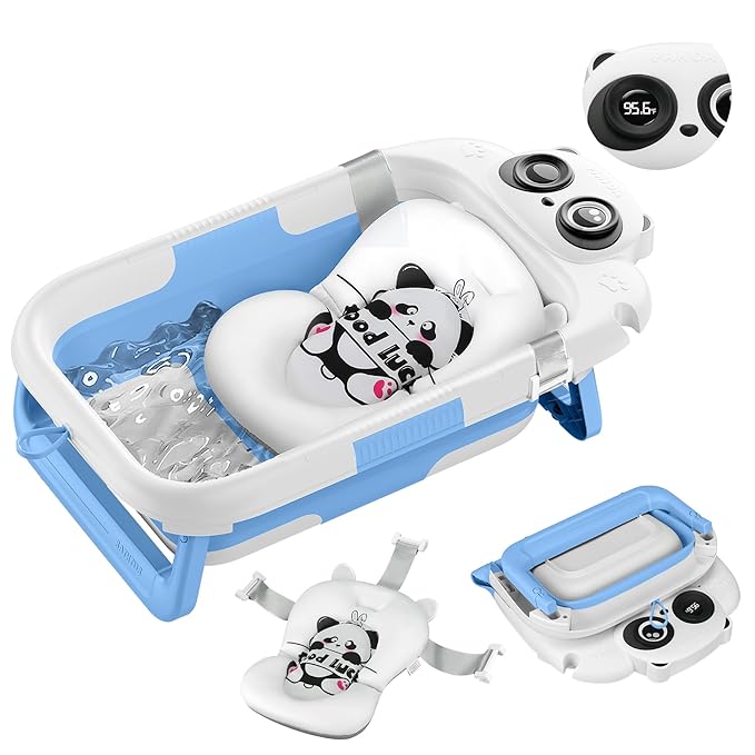 Collapsible Baby Bathtub for Newborn, Baby Bath Tub with Thermometer & Soft Floating Cushion & Drain Hole for Infant to Toddler, Portable Travel Bathtub with No-Slip Feet for 0-36 Months-Blue