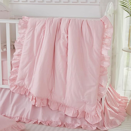 Brandream Farmhouse Crib Bedding Sets for Girls and Boys | 3 Piece Nursery Set Pink Ruffles | Baby Comforter, Fitted Crib Sheet, Crib Skirt Included,100% Cotton Percale