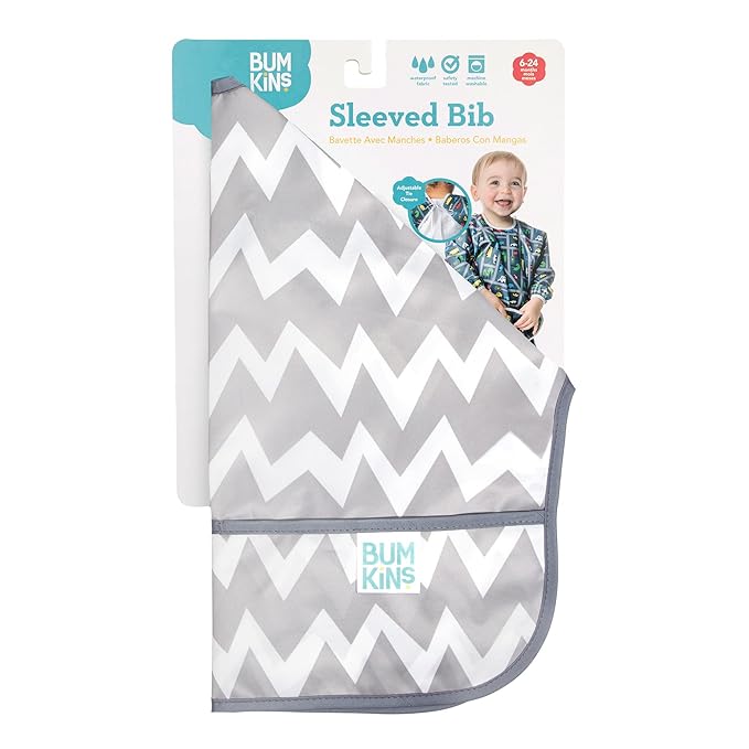 Bumkins Sleeved Bib for Girl or Boy, Baby and Toddler for 6-24 Mos, Essential Must Have for Eating, Feeding, Baby Led Weaning Supplies, Long Sleeve Mess Saving Food Catcher, Soft Fabric, Gray Chevron