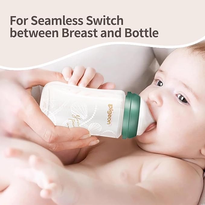 Pigeon Glass Baby Bottle Feeding Gift Set with Silicone Coating, Nurture & Nest, Anti-Colic Wide Neck & Latch-On Nipple, 2 Bottles (5.4/8.1 Oz) and 2 Extra Stage 2/4 Nipples