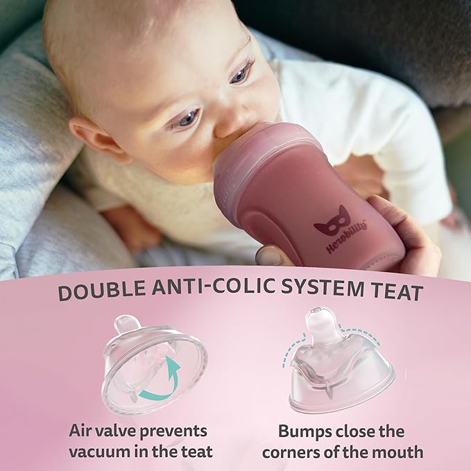 Herobility Glass Baby Bottle - 7 fl oz/220 ml - 3 Pack | Heat Sensing Color-Changing Bottle with Double Anti-Colic Nipple - Silicone Coating - Breastlike Nipples for Newborn Babies - Rose Color