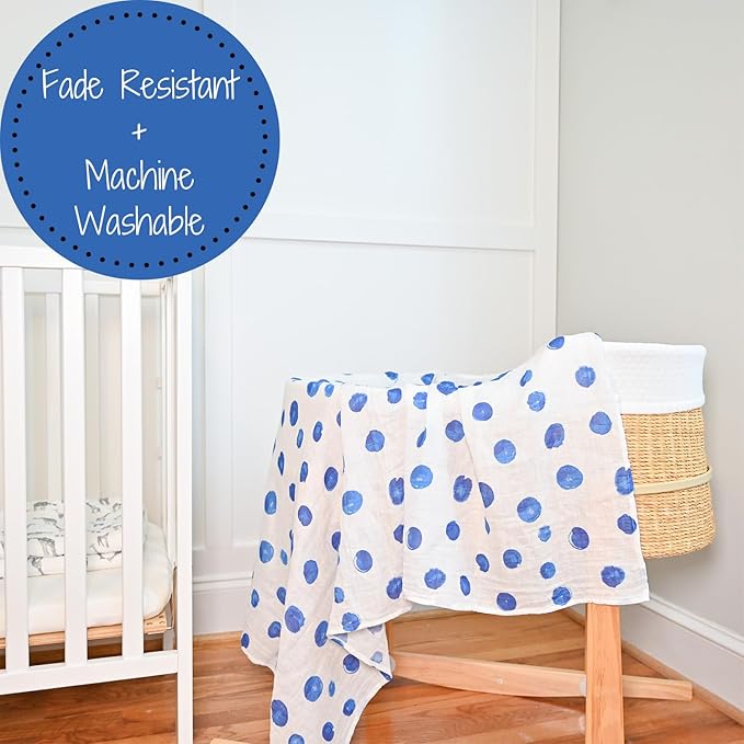 LollyBanks Swaddle Blanket - 100% Cotton Muslin Swaddle, 47 x 47 Inches, Neutral, Baby Essentials, Blue Dots Print