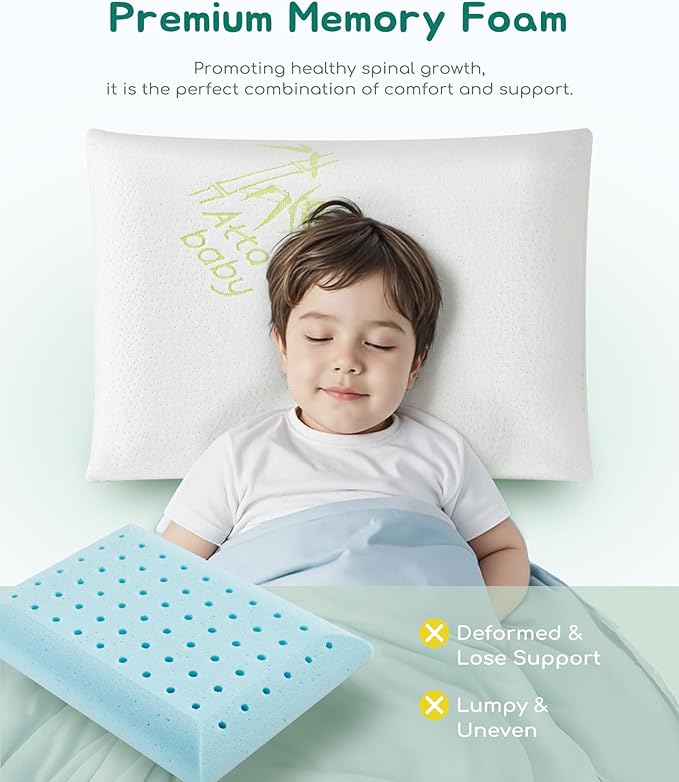 Toddler Pillow, Adjustable Memory Foam Small Pillow for Toddler 2 Years & Above, 13” x 18” Mini Size for Kid Sleeping, Napping or Traveling, Washable No Zipper Pillowcase, Green