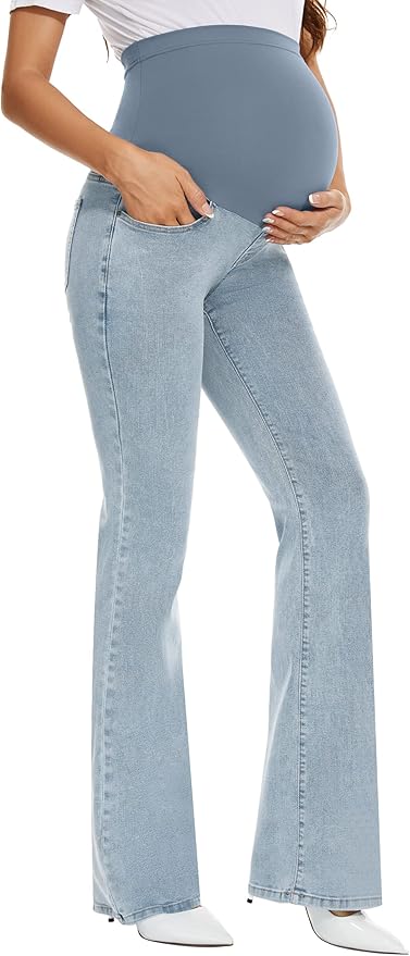 GLAMIX Women's Stretch Maternity Bootcut Jeans with Pockets Over The Belly Bell Bottoms Flare Denim Pants Pregnancy Clothes