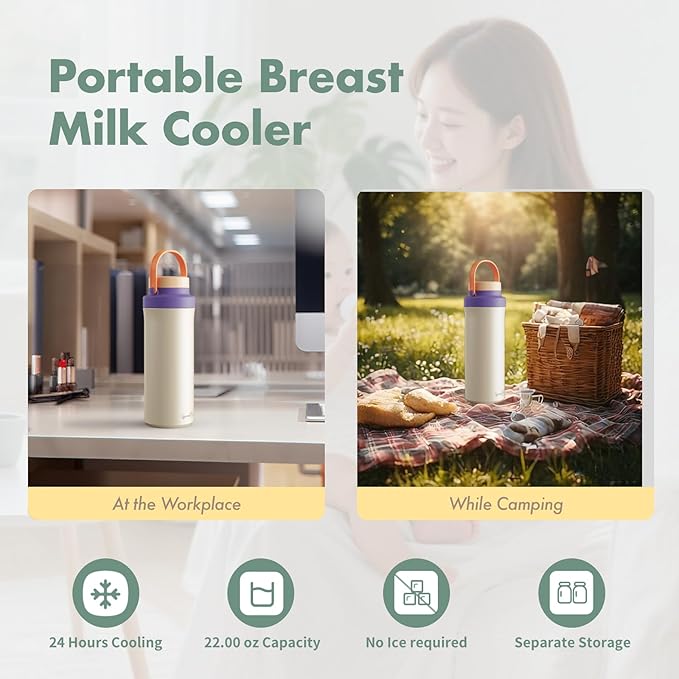 Breastmilk Cooler, Portable Breast Milk Cooler Bottle for Outdoor, 22oz Large Capacity Travel Breastmilk Chiller with 2 Pack Baby Bottles for Breastmilk Storage, Keep Cooling 24H (Purple)