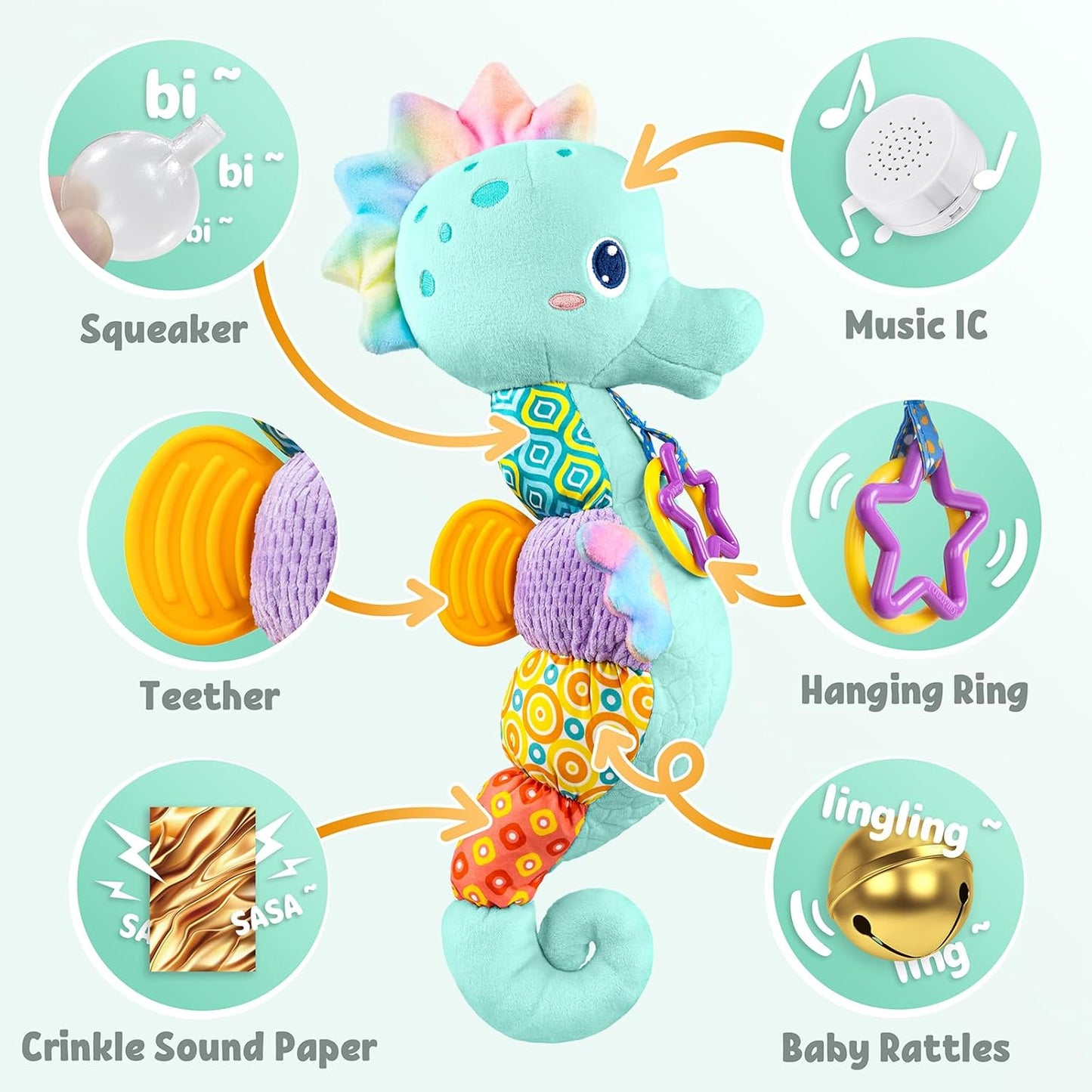 LIGHTDESIRE Baby Toys Musical Seahorse,Infant Stuffed Animal Toys with Crinkle and Rattles,Soft Sensory Toys with Textures for Tummy Time Newborn Boys Girls 0 3 6 12 Months(Blue)