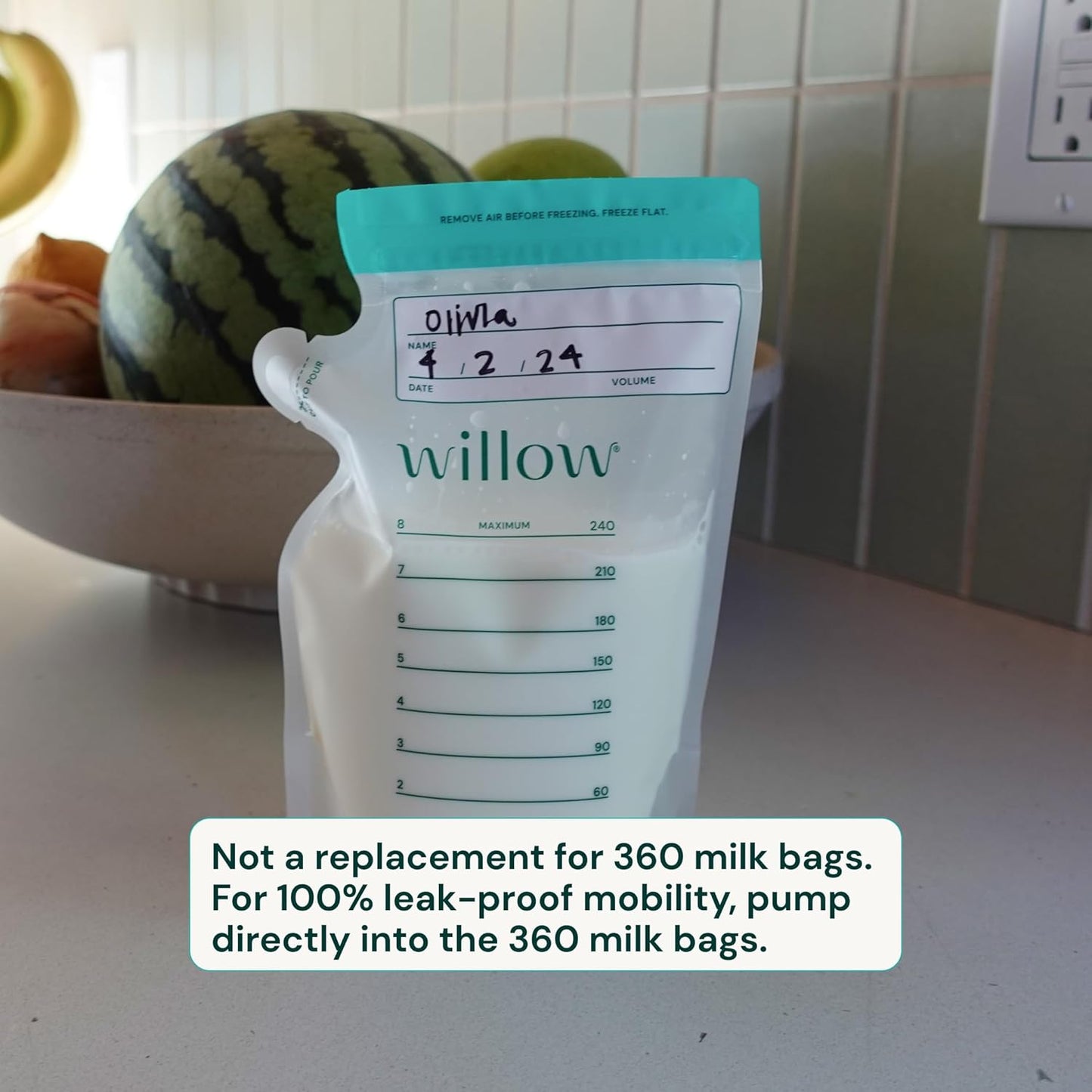Willow - 8oz Breast Milk Storage Bags - 100ct - Double Zip Seal for Durability - Freezer & Fridge Breastmilk Storage - Easy Pour Spout for Bottle Transfer - BPA Free - Breastfeeding Essentials