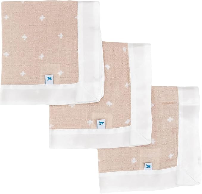 Little Unicorn Security Blankets 3 Pack | 100% Cotton Muslin with Satin Border| Super Soft and Breathable | Baby, Infant, Toddler | Lovey for Boys and Girls | Taupe Cross