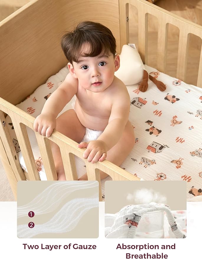 Momcozy Muslin Mini Crib Sheets Fitted - 38''x26'' Pack and Play Sheets for Pack N Play Mattress, 2 Pack Soft & Breathable Natural Cotton Non Slip Bed Cover for Boys, Girls, Farming Joy