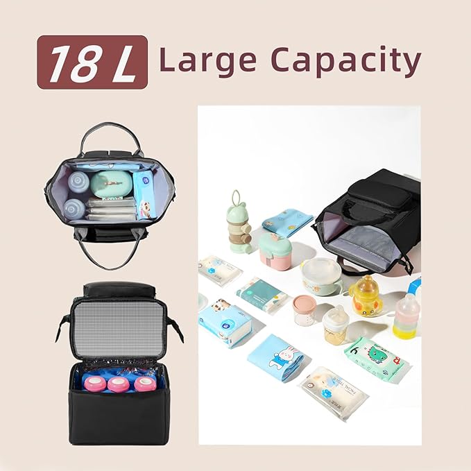 Insulated Bottle Cooler Bag, Holds 6×9oz, 18L Large 2-n-1 Backpack Lunch Bag for Nursing, Work, Daycare (Black)