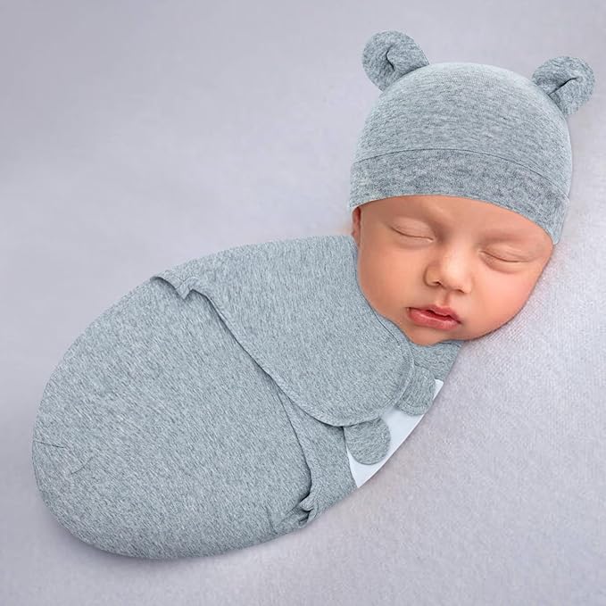 Cinaci 2 Pack Adjustable Soft Cotton Blend Newborn Baby Receiving Swaddle Blankets Sleep Sacks with Nursery Hats Caps Beanies Bonnets for Baby Girls Boys Newborns Infants