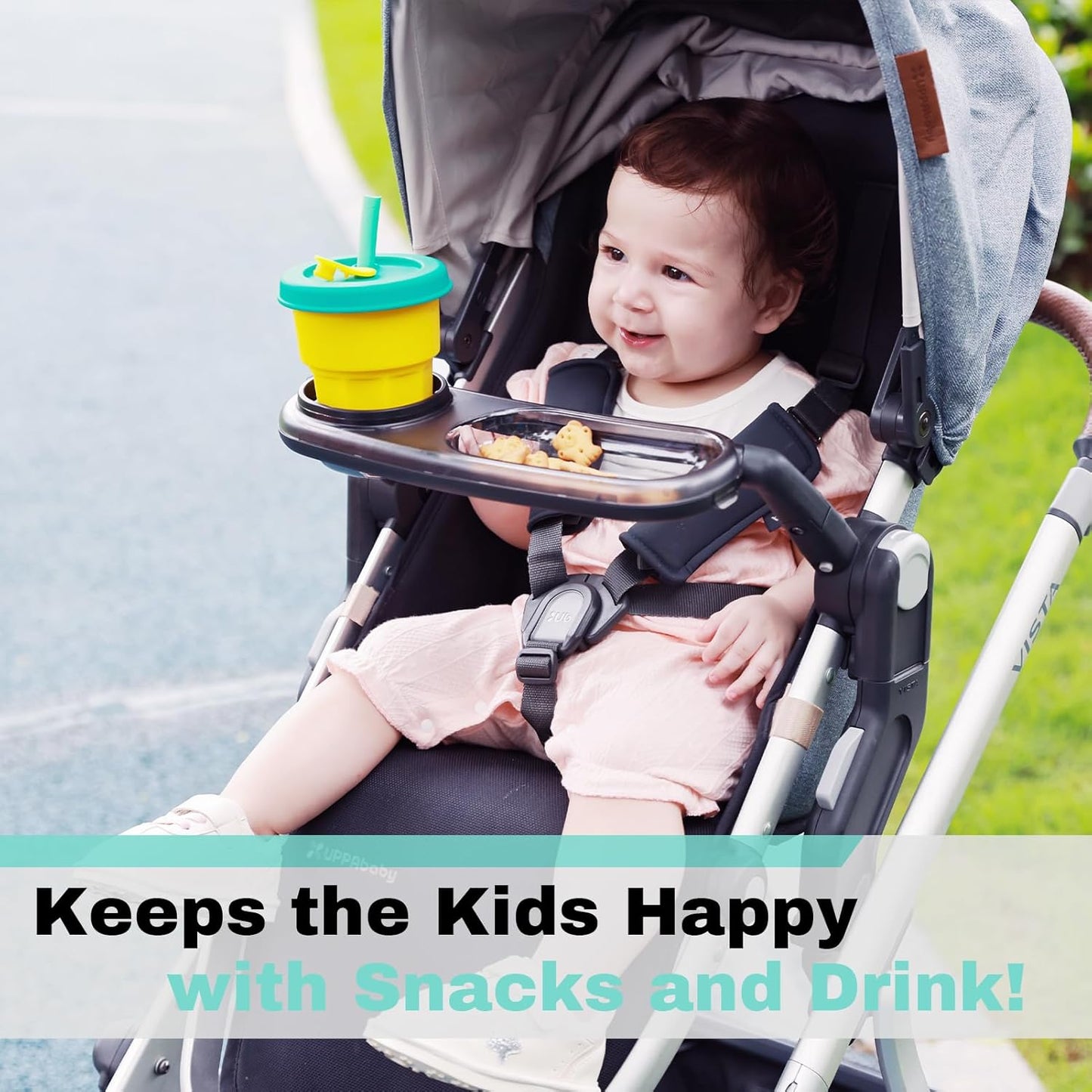 Snack Tray Fits for UPPAbaby Vista/Vista V2/Vista V3/Cruz/Cruz V2/ RumbleSeat/RumbleSeat V2, Stroller Tray with Cup Holder & Recessed Bowl, Dishwasher Safe, Quick Attachment, Folds with Stroller, Grey