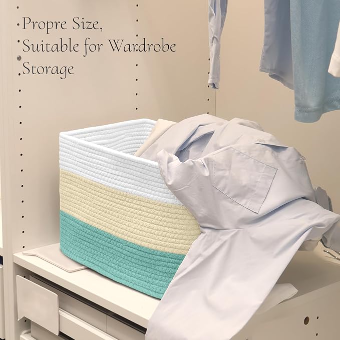 Hopegiver 3 Pack Storage Baskets for Organizing with Handle, Woven Baskets for Shelves - Durable Gift Basket for Cloth Toys Books Baby, Cotton Rope Basket for Dog Cat, 15x11x10 Inch(White&Cream&Green)