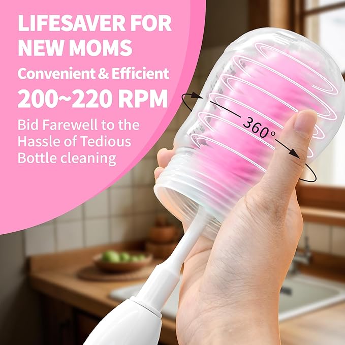 Electric Bottle Brush Cleaner New Upgrade, Portable Electric Baby Bottle Brush Cleaner for Travel, Travel Bottle Cleaner Kit with Nipple & Straw Brush, Perfect Mom Essentials After Birth Gift, Pink