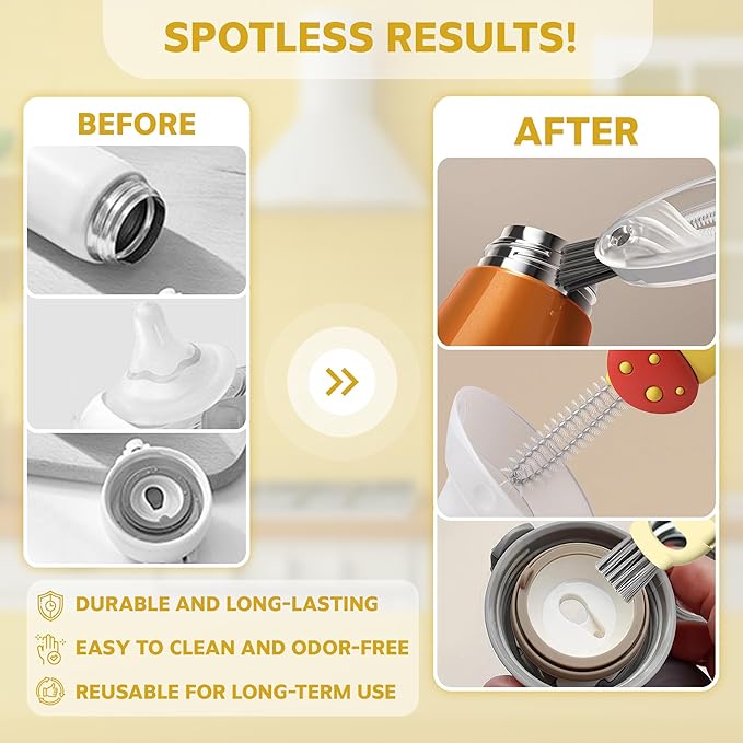 Cup Lid Cleaning Brush, Multifunctional Set with 3 in 1 Lid Cleaner and Two 4 in 1 Cup Lid Cleaning Brushes, Cleaning Brush Tool for Bottles, Straws, Tumblers, Travel Mug Caps, Portable Kit (Yellow)