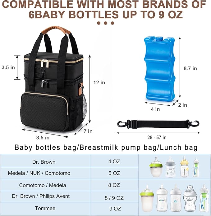 Breastmilk Cooler Bag with Ice Pack Fits 6 Baby Bottles Up to 9 Ounce, Expandable Double-layer Leak-Proof Cooler Bag with Shoulder Strap for Nursing & Working Mom, Black