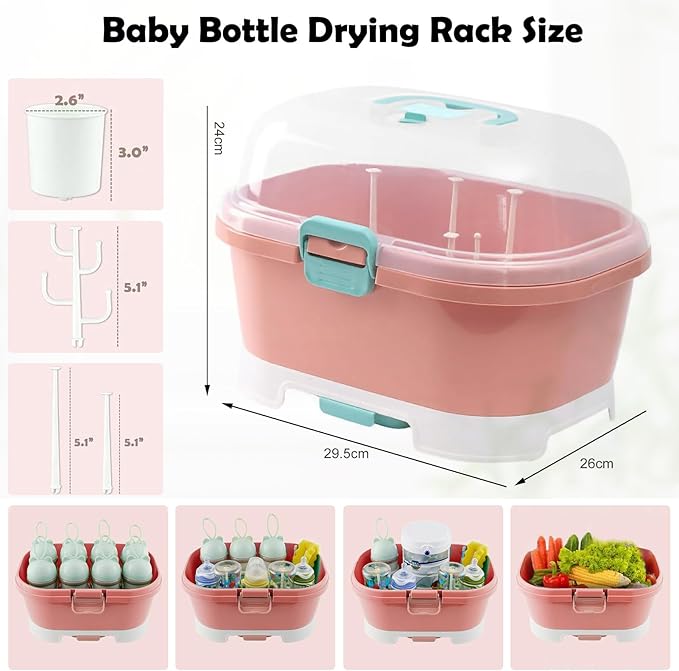 Baby Bottle Organizer for Storage, Baby Bottle Storage Large Capacity with Lid Cover Anti-Dust Protection and Cutlery Storage Drying Rack Portable Large Capacity Bottle Organizer(Pink)