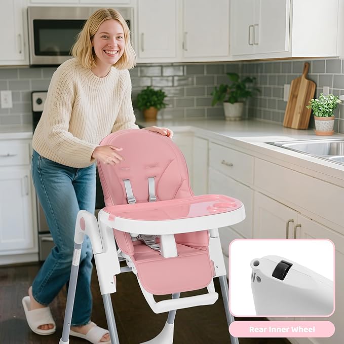 3 in 1 Foldable Baby High Chair, Infant High Chairs for Babies and Toddlers, 6 Height & 5 Recline Adjustable Toddler Feeding Chair, 2 Tray Depth & 3 Footrest Angles, 2 Built-in Wheels, Pink
