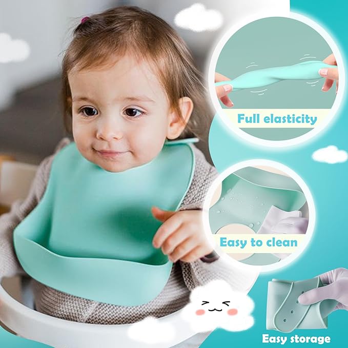Silicone 8-Pack Bibs for Babies Toddlers Girls| Adjustable Waterproof BPA Free Soft Durable Bibs for eating with Large Pocket Food Catcher,Dishwasher Safe