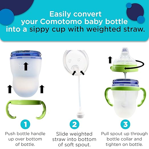 Soft Spout Transition Sippy Cup Kit for Comotomo Baby Bottles - Botabee Conversion Kit Fits 5 and 8 Ounce Bottle - Sippy Cup Baby Bottle Nipple with Weighted Straw & Bottle Handles (Pack of 2, Green)