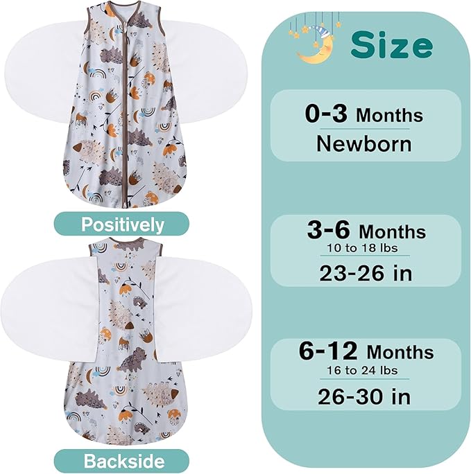 Newborn Sleep Sack Baby Swaddle,3-Way Adjustable Wearable Blanket,100% Rayon Cotton Swaddling Sleeping Bag，TOG 0.5 (Fox & Dinosaurs, 6-12 Months)