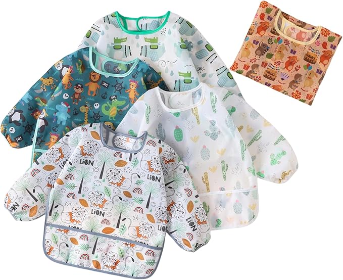 5 Pcs Long Sleeved Baby Toddler Bibs Waterproof Sleeved Bib 3-24 Months