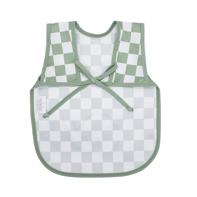 BapronBaby Sage Checkerboard Bapron - No Neck Tie Safer Bib for Baby & Toddler - Soft Waterproof Stain Resistant - Machine Washable - Sz Baby/Toddler 6m-3T