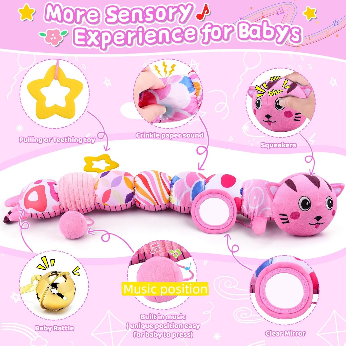Baby Toys 0 to 12 Months, Stuffed Animal Infant Tummy Time Toys Sensory Toys with Crinkle Rattles Textures and Mirror Gifts for Newborn Boys Girls, Cat Caterpillar Musical Toys (Pink)