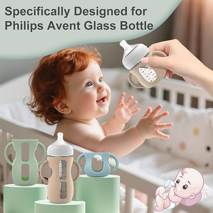 3PCS Philips Avent Glass Bottle Silicone Sleeves with Handles, Compatible with Philips Avent Glass Bottles 4 oz, Suitable for Avent Baby Bottles 4 oz, and Easy to Clean