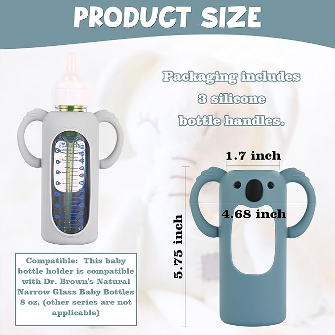 HUAKENER 3 Pack Silicone Sleeves with Handles for Dr Brown's Glass Baby Bottles 8 oz, Anti Breakage Baby Bottle Holder, Compatible with Dr. Brown's Natural Narrow Glass Baby Bottles