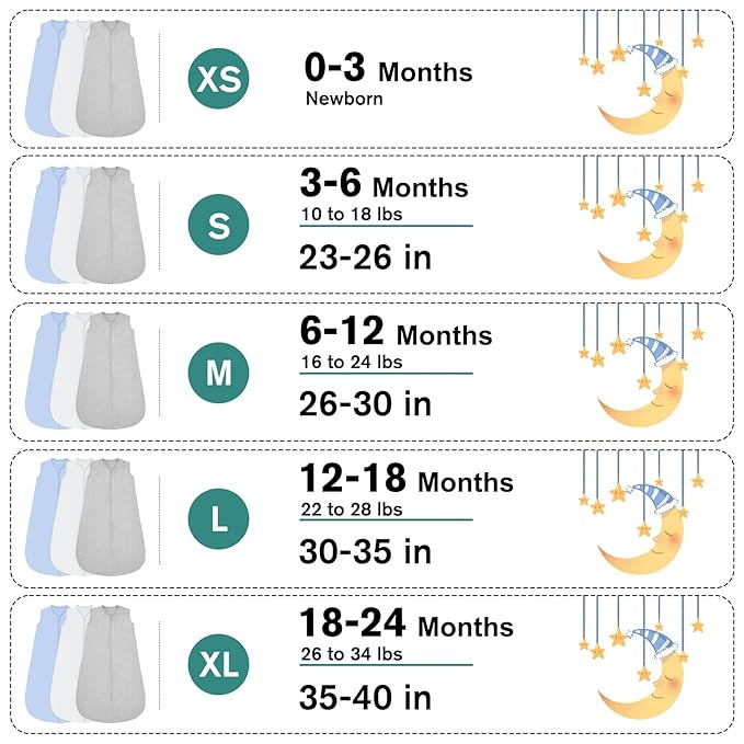 3 Pack Baby Sleep Sack 6-12 Months 100% Rayon Cotton Baby Sleeping Bag 2-Way Zipper Toddler Wearable Blankets Comfy Stretchy Thin Sleep Sacks TOG 0.3