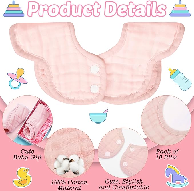 Geyoga 10 Pcs Baby Bibs 360° Rotate Baby Bandana Muslin Drool Bibs Petal Bibs Burp Gauze Cloths Absorbent Bib