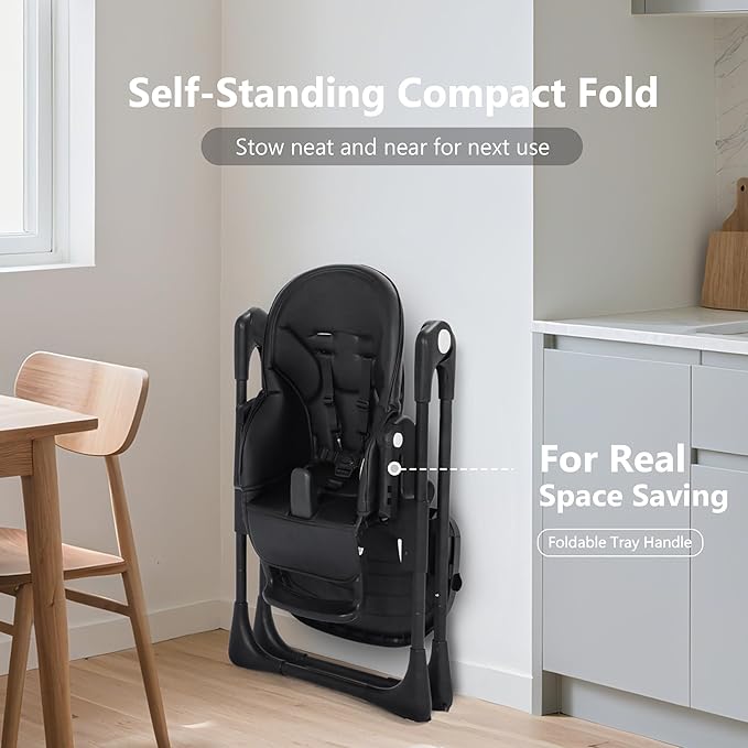 Kinder King Convertible High Chair for Babies & Toddlers, Adjustable Baby Feeding High Chair with Removable Double Tray, Simple Compact Fold for Space-Saving, 2 Built-in Wheels, Easy to Clean, Black