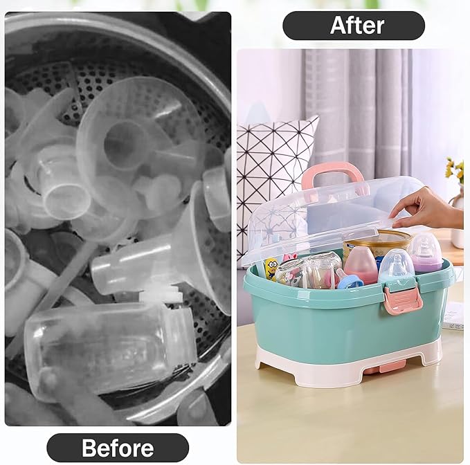 Baby Bottle Organizer for Storage, Baby Bottle Storage Large Capacity with Lid Cover Anti-Dust Protection and Cutlery Storage Drying Rack Portable Large Capacity Bottle Organizer(Green)