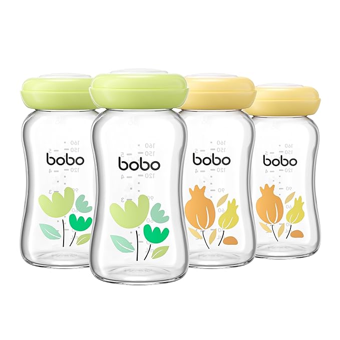 YOHKOH Glass Breast Milk Storage Bottles - 100% Leak-Proof, BPA-Free Breastmilk Storage Containers, Freezer & Dishwasher Safe, Ideal for Nursing Mothers (Multicolor1, 5.4oz (Pack of 4))