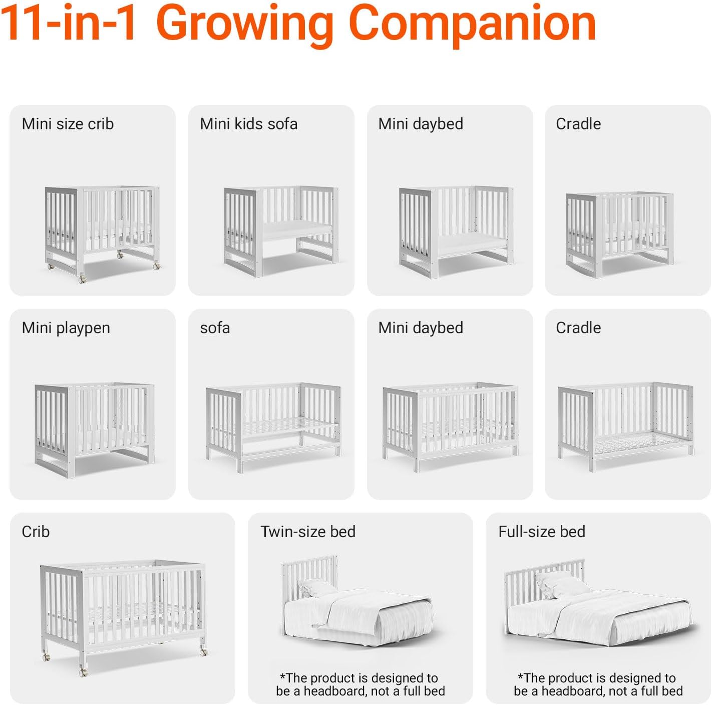 EvoNest Baby Crib, 11 in 1 Convertible Mini Crib with Wheels, 100% New Zealand Wood Growing Bed, 4 Adjustable Mattress Height,White