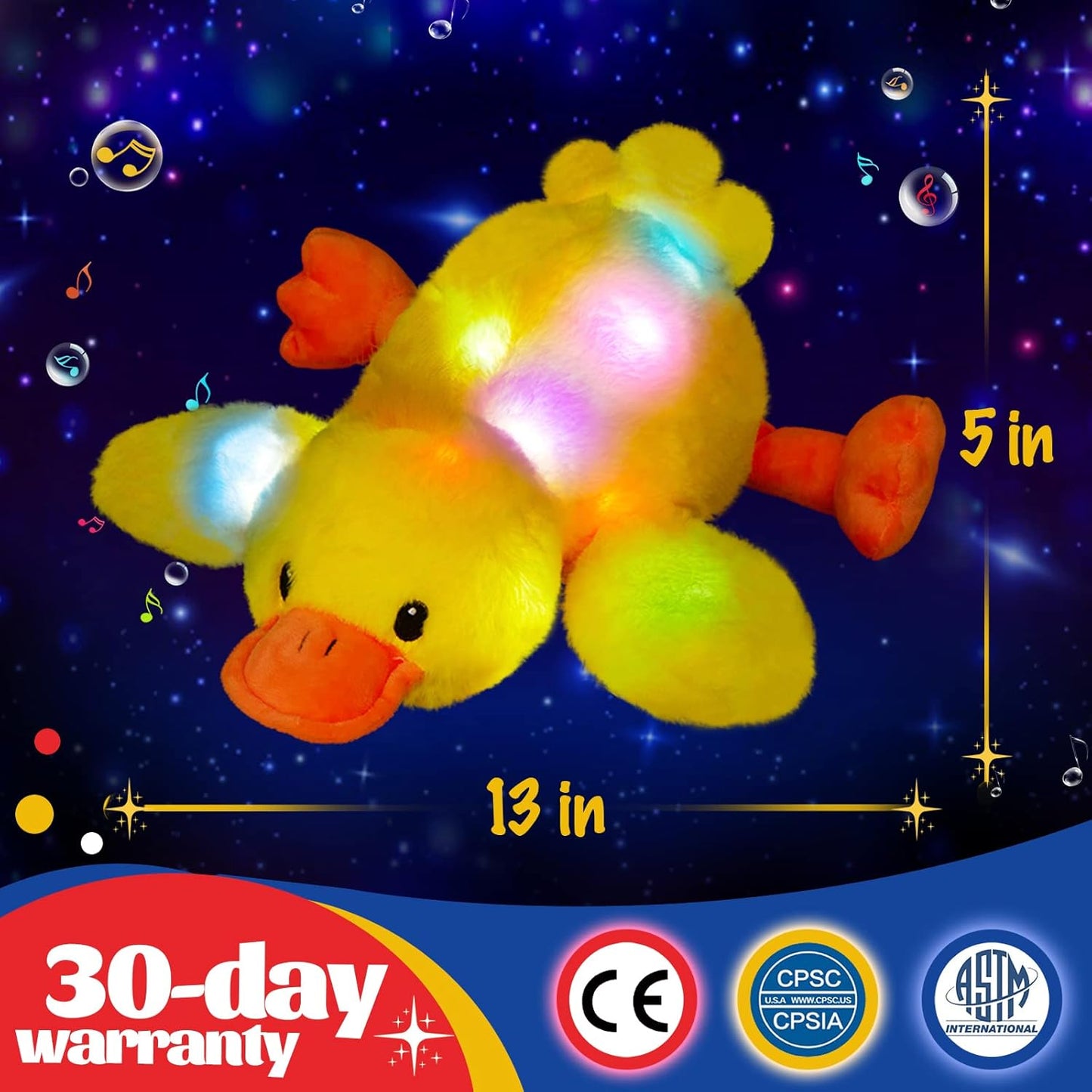 Glow Guards 12'' Musical Light Up Yellow Duck Stuffed Animal LED Glowing Singing Soft Plush Toy Pillow Night Lullaby Holiday Birthday Children's Day Gifts for Toddler Kids