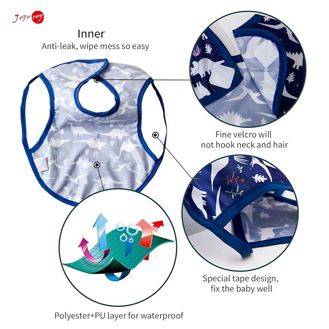 Joyo roy Mess Proof Baby Bibs 3-10 Months Waterproof Toddler Baby Boy Bibs for Eating Machine Washable Sleeveless Infant Smock Bib Travel Reusable Led Weaning Apron for Feeding Bib with Food Catcher