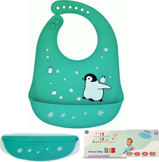 Silicone Baby Bibs Unisex, Self-Feeding, Catch-all Large Pocket, 6-48 months, BPA-Phthalate Free, w/Travel Case