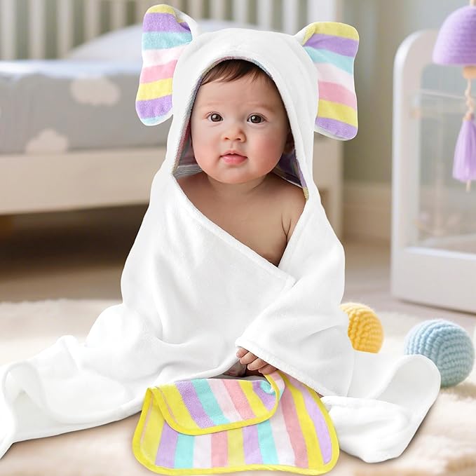 VOOVA & MOVAS Thick Baby Hooded Bath Towel - 100% Cotton,500GSM, 33x31.5 Inches,0-2Years, Super Absorbent Large Towel with Cute Elephant Ears Hood for Newborn, Baby, Infant, Baby Essentials,White