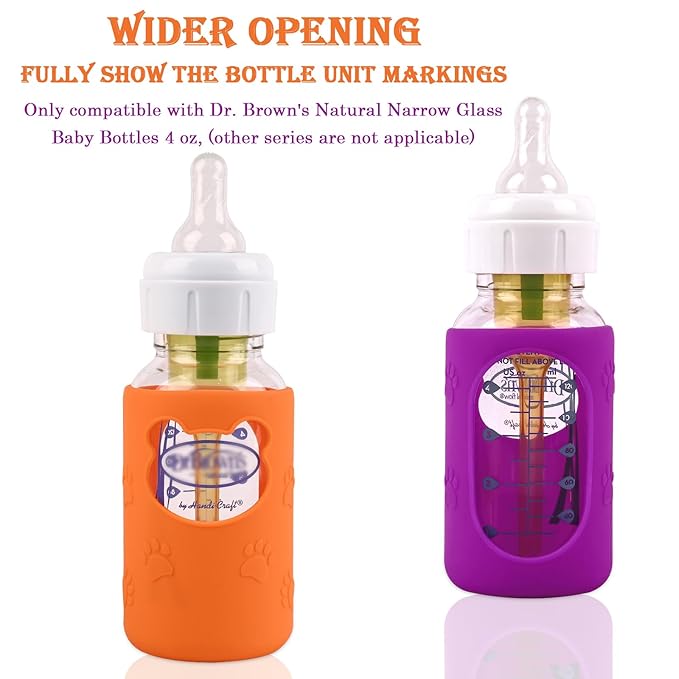 4 Pack Silicone Sleeves for Dr Brown's Glass Baby Bottles, Anti Breakage Baby Bottle Holder, Compatible Dr. Brown's Natural Narrow Glass Baby Bottles 4 oz, BPA Free (White+Pink+Purple+Orange)