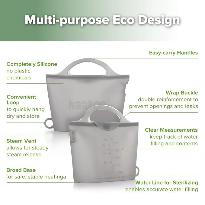 Haakaa On-The-Go Silicone Microwave Steamer & Steriliser Bag, 40oz/1250ml Reusable Silicone Steaming Bags for Baby Bottles, Breast Pump, Accessories, Pacifiers, Teethers, 1PC