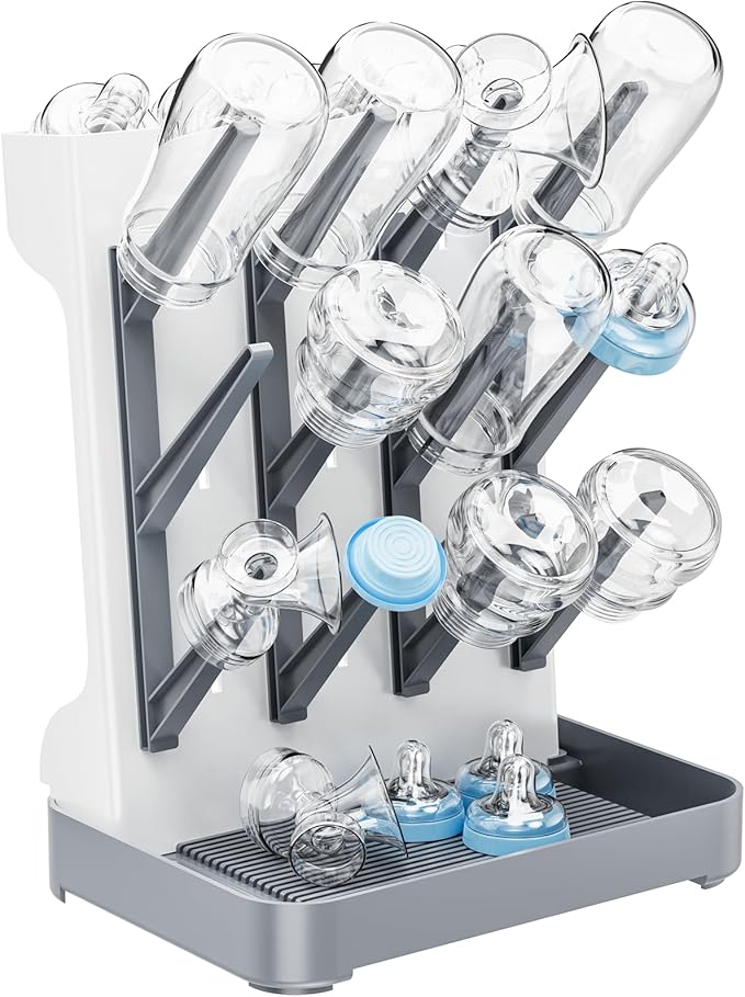 Baby Bottle Drying Rack, Baby Bottle Organizer for Countertop, Bottle Holder for Baby- Space Saving Standing Drying Rack for Baby Bottles and Pump Part Cleaning (Gray)