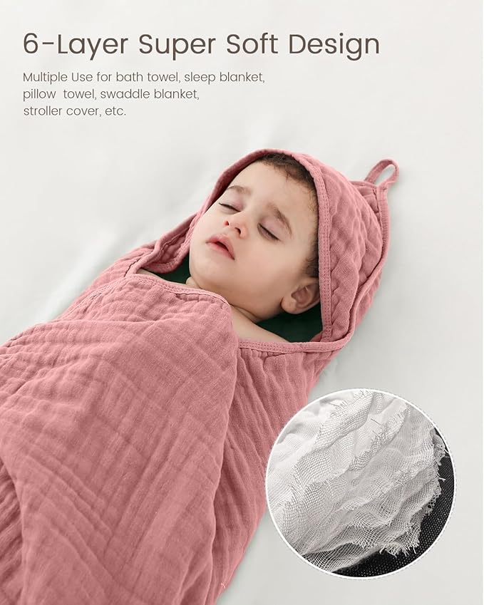 Hooded Baby Towels for Newborn, 35x35 Inch 2 Pack 100% Muslin Cotton Baby Bath Towel, Soft Baby Beach Towels with Hood for Infants, Toddlers and Kids, Essentials Must Haves Dusty Pink+ Beige