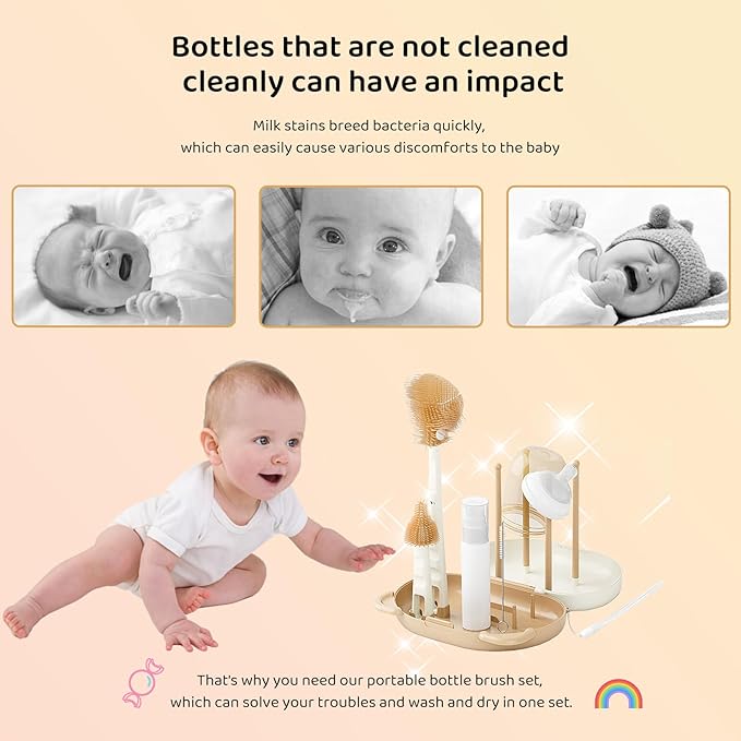 HOEREV Portable Baby Silicone Bottle Brush Set Include Pacifier Brush, Straw Brush, draining Rack, Portable Box