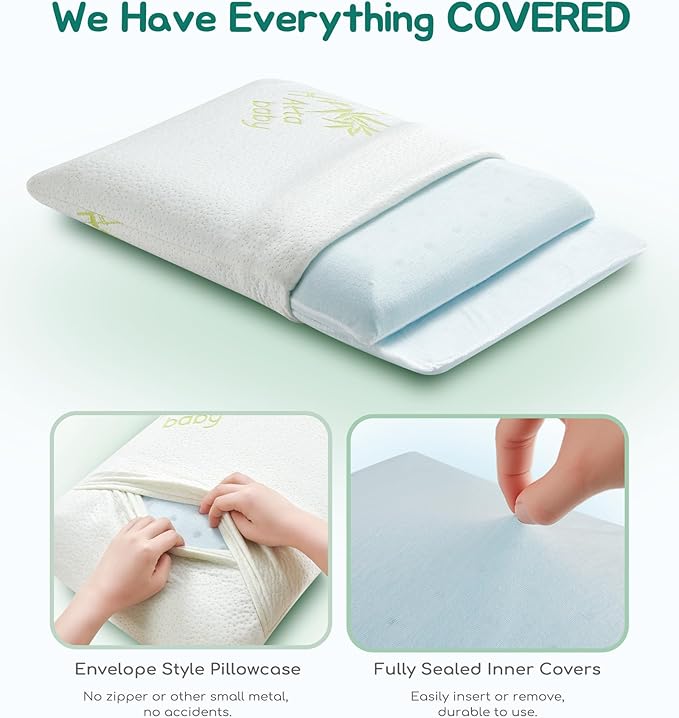 Toddler Pillow, Adjustable Memory Foam Small Pillow for Toddler 2 Years & Above, 13” x 18” Mini Size for Kid Sleeping, Napping or Traveling, Washable No Zipper Pillowcase, Green