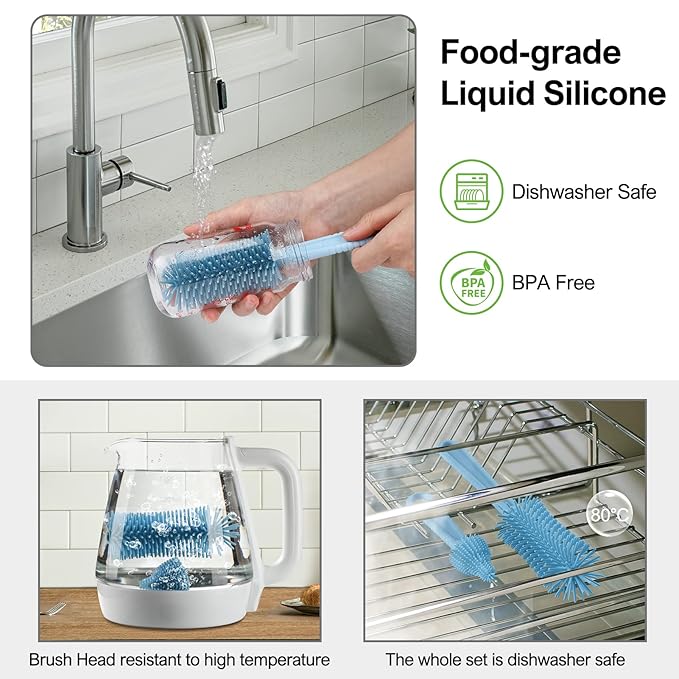 Bottle Brush Set -Baby Travel Essential-6 in 1 Bottle Cleaner Kit with Silicone Bottle Brush,Nipple Cleaner Brush,Straw Brush,Soap Dispenser,Storage Box,Bottle Drying Rack for Home and Travel(Blue)