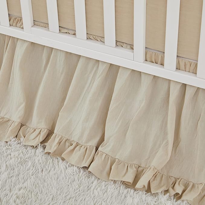 Brandream Gender Neutral Boho Bohemian Baby Girl Boy Nursery Crib Bedding Set 3 Pieces Solid Beige Farmhouse Chic Ruffle Unisex Cozy 100% Washed Cotton