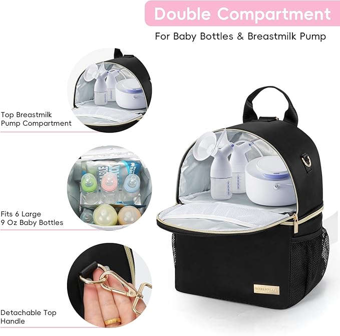 Breastmilk Cooler Travel Bag – 2-in-1 Pump & Bottle Compartments | Insulated for 8 Hours with 2 Gel Ice Packs | Waterproof, Fits 9oz Bottles | Convertible Backpack & Shoulder Bag